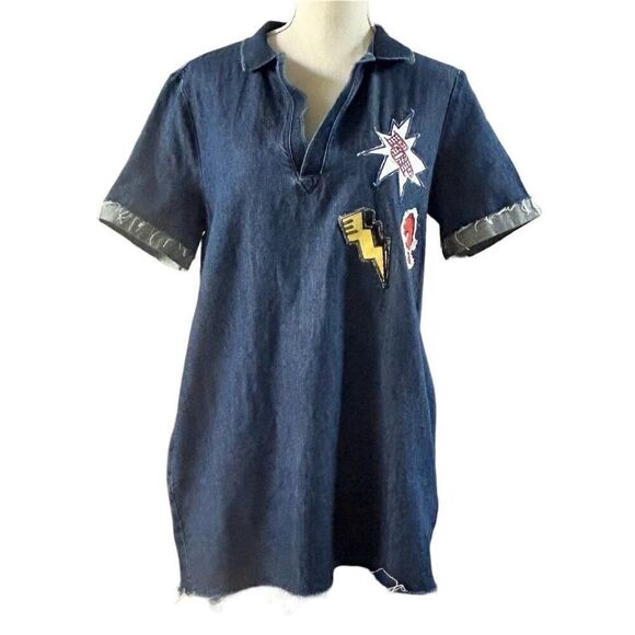 Zara Denim Distressed Hem Patches Dress L - Picture 2 of 8